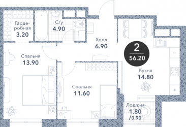 Двухкомнатная квартира 56.2 м²