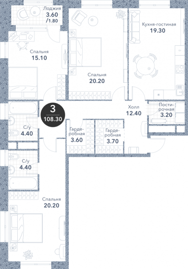 Трёхкомнатная квартира 108.3 м²