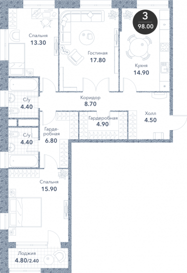 Трёхкомнатная квартира 98 м²